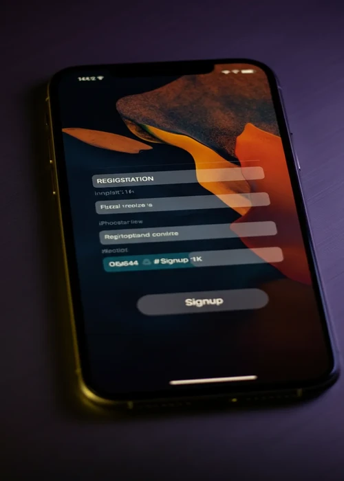 A close-up view of a hand holding a smartphone displaying the Lucky Block Casino registration page, with crypto symbols in the background, signifying easy crypto sign-up and quick access to games.